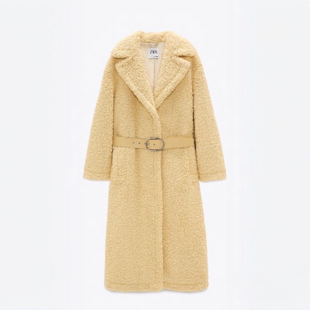 Zara Women's Cream Teddy Jacket Belted Winter Coat
